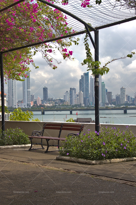 Park bench with view to the city